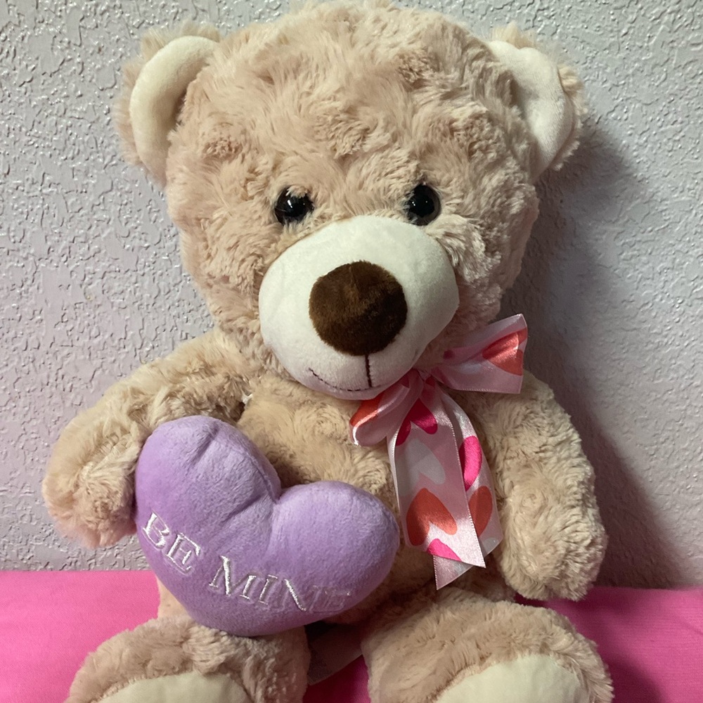 HugFun Plush Beige Teddy Bear with Bow & Purple Heart that says:”Be Mine”